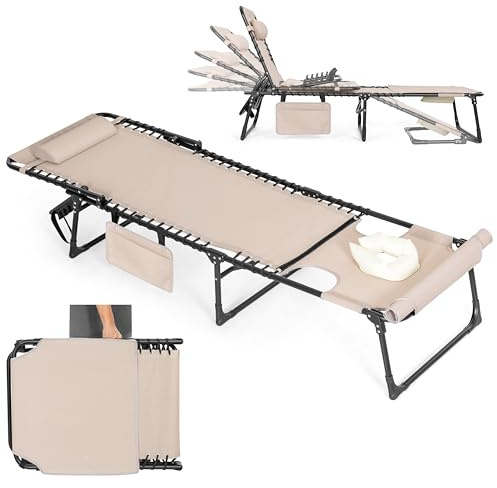 Avestar Sonnenliege Klappbar, Tragbare Gartenliege, 5-Fach Verstellbarer Liegestuhl inkl. Seitentasche, Kopfkissen und Gesichtsausschnitt, für Garten, Balkon, Terrasse, Strand und Camping, Taupe