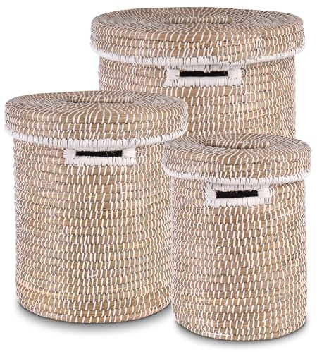 Decorasian Wäschekorb mit Deckel aus Seegras – 3er Set Bast Wäschesammler geflochten, rund & groß – 3er Set – Boho Korb für Wäsche, Spielzeug & Decken – Nachhaltig & Robust, S, M, L