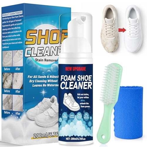 HuakChai Shoe Cleaner Kit, 200ml Foam White Trainer Cleaner with Brush & Microfiber Cloth, Trainer Cleaning Kit can Quick Waterless Cleaning for Leather, Canvas, Knit, Rubber & Running Shoes