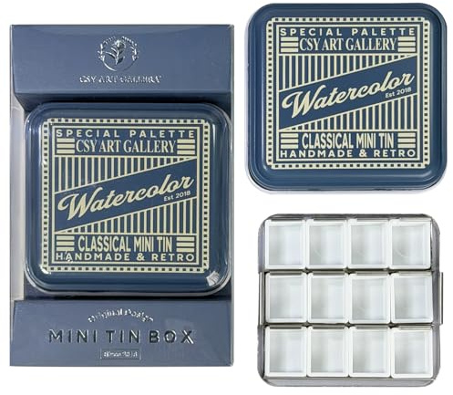 CSY Art Gallery Aquarell-Reisepalette mit 12 halben Näpfchen – Farbkasten im amerikanischen Vintage-Stil mit Deckel als Mischpalette – für DIY-Malerei mit Aquarell-, Öl- oder Acrylfarben (05 Tiefblau)