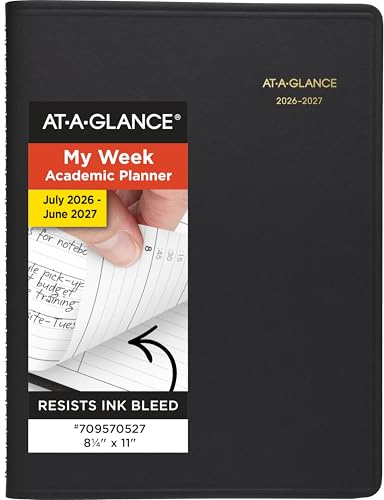 AT-A-GLANCE Planner 2026-2027 Weekly Academic 14-Month July-August, Quarter-Hourly Appointment Book, 8-1/4 x 11, Black (7095705)