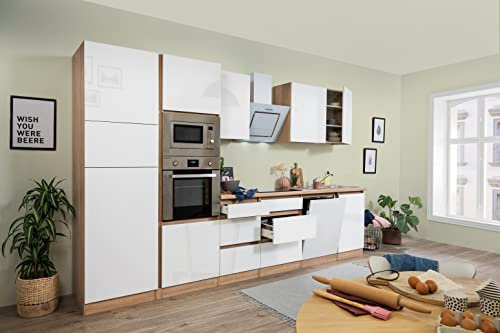 respekta Küche Küchenzeile Küchenblock grifflos Eiche Weiß Lorena 345 cm