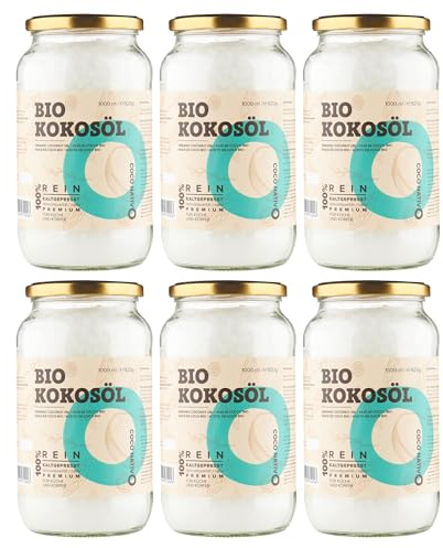 Bio Kokosöl CocoNativo -6x1000mL (6L) 6er Pack - Bio Kokosfett, Kokosnussöl, Premium, Nativ, Kaltgepresst, Rohkostqualität, Rein - zum Kochen, Braten und Backen, für Haare und Haut (6 x 1000ml)