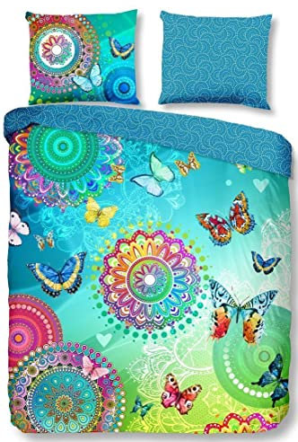 Hip Satin-Bettwäsche Mystic 5112 by Sister s. Reine Baumwolle Mandalas Ornamente Paisley Schmetterlinge in tollen Sommerfarben im Farbverlauf Aqua-blau Lemon-grün bunt
