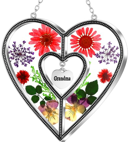 Tiffany Lampe & Gift Factory gebeizt Glas Suncatcher für Windows Mom Herz Mutter Glas Suncatcher Windows mit gepresst Blume Herz - Glas Herz Suncatcher - Mom Geschenke für Muttertag 4.75*4.75-G multi