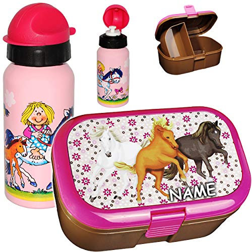 alles-meine.de GmbH 2 TLG. Set Lunchbox/Brotdose & Trinkflasche - Pferde & Fohlen - inkl. Name - BPA frei - mit extra Einsatz/herausnehmbaren Fach - Brotbüchse Küche Es..