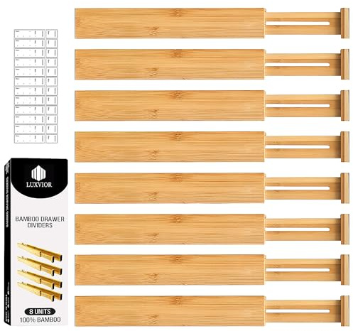 LUXVIOR Adjustable Bamboo Drawer Dividers Expandable 8 Pack 17-22 Organizer
