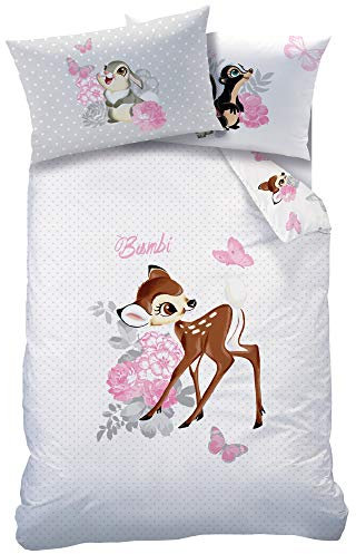 3 TLG. Baby Bettwäsche Wende Motiv: Bambi - renforcé 100x135 cm + 40x60 cm + 1 Spannbettlaken 60x120 - 70x140cm (Bambi mit Punkten, Mit Laken: weiß)
