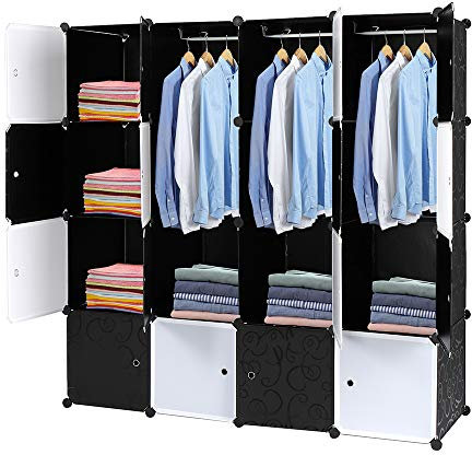 Armoire Penderie Modulable Portable Grande Capacité Storage avec Portes Étagère de Etagères Empilables Plastique Rangement Chambre Adultes pour Chaussures Vêtements Jouets Noir Blanc 16 Cubes