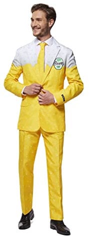 Suitmeister Herrenanzug mit Biermotiv, Flaschenöffner-Krawatte, Fasching, körperbetonte Passform, Gelb, Weiß, Größe S, Premium Biergelb, S