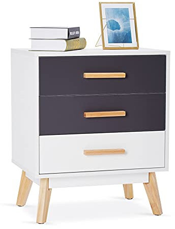 Meerveil Nachttisch, Nachtschrank mit 3 Schubladen, Holz Modern Nachtkommode mit Massivholzfüßen für Schlafzimmer Wohnzimmer, 55 x 40 x 66 cm, Weiß und Grau