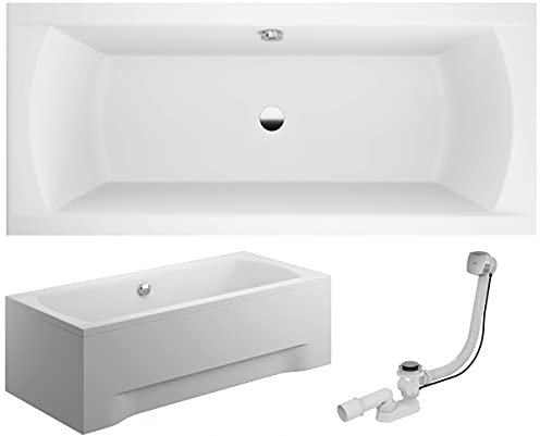 VBChome Badewanne 160x75 cm Acryl SET Schürze Siphon Wanne Rechteck Weiß Design Modern Ablaufgarnitur in Chrom Alcaplast