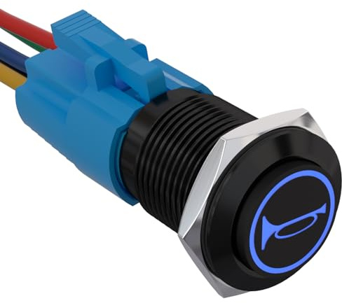 APIELE 19MM Momentan Hupentaste Druckschalter 12V, mit LED wasserdicht Momentary Drucktastenschalter mit vorverdrahtetem Stecker, Auto RV LKW Boot EIN/AUS Taste Schalter (blau)