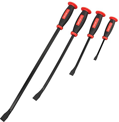 MAXPOWER Stemmhebel-Satz 4-tlg mit Kunststoff-Softgriff und Metall-Schlagköpfen, Brecheisen, Brechstange, Hebeleisen 200mm/300mm/450mm/600mm