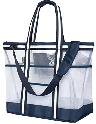 Vulken 42L Extra große Netz-Strandtasche für Damen und Herren, blaue Strandtaschen und Tragetaschen mit Reißverschluss, 9 Taschen für Reisen, Schwimmen, Fitnessstudio und Einkaufen