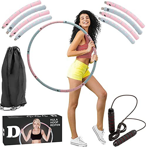 Hula-Hoop-Reifen für Erwachsene zum Abnehmen Geräte Fitness Schaumstoff Edelstahlkern 8 Segmente Klickverschluss Schwungreifen Springseil Seilspringen Aufbewahrungstasche, Farbe Blau Rosa