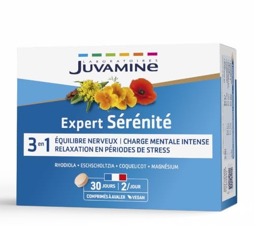 JUVAMINE Sérénité - Rhodiola + Magnésium + Vit B6 - Relaxation - 60 Cpr | Charge Mentale, Détente, Equilibre nerveux, Gestion du stress, Vitalité, Humeur, Assimilation Optimisée, Fabriqué en France