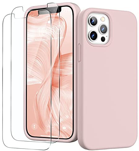GOODVISH 3 in 1 für iPhone 12 Hülle & iPhone 12 Pro Hülle mit 2 Stück Schutzfolie, Hochwertiges Silikon Rundumschutz Handyhülle, mit Weichem Mikrofaser-Innenfutter Stoßfestes Schutzhülle, Sandpulver