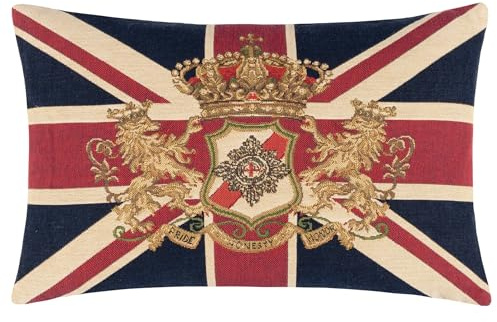 furn. Evans Lichfield Union Jack Lion Crest Feather Filled Cushion – British Heritage Traditional Patriotic Decorative Pillow (Multicolour – 32x46cm)