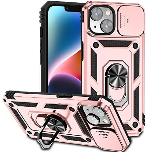 Hitaoyou iPhone 14 Plus Case with Camera Cover & Kickstand, Military Grade Shockproof Heavy Duty Protective Case with Magnetic Car Mount Holder for iPhone 14 Plus Rosegold