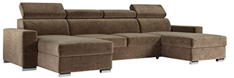 MKS MEBLE Sofa U Form, Wohnlandschaft U Form mit Schlaffunktion, Sofa mit Schlaffunktion, Sofa XXL, Couch mit Schlaffunktion, Polstersofa mit Bettkasten - Fox U Hellbraun Monolith