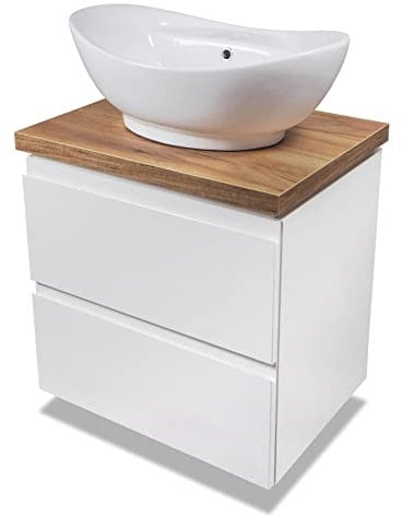 VBChome Badmöbel 60 cm Weiß Aufsatzwaschbecken mit Hahnloch 59x39 cm Aufsatzwaschtisch mit Waschbeckenunterschrank 2 Schubladen Moduo Badezimmerschrank Modern