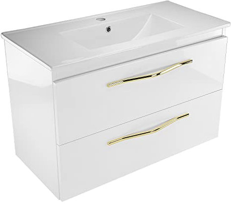 paplinskimoebel Keramik Waschbecken mit Unterschrank 80 cm Breite Girona Sink, Waschbeckenunterschrank Hängend mit Schubladen, Waschplätze, Waschtisch mit Unterschrank Weiß Hochglanz mit Goldgriff