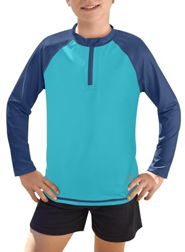 BesserBay Kinder Jungen Schwimmshirt UV Badeshirt Langarm 1/4 Zip Rash Guard UV Badeshirt Marineblau Hellblau 130