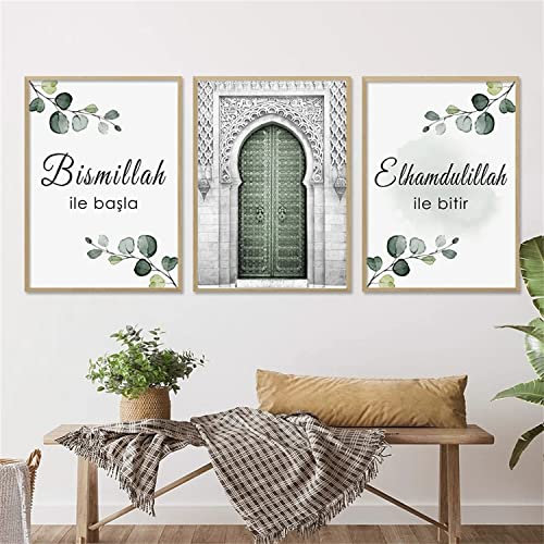 3er Poster Set Wandbilder grüne Pflanzen, Blätter, Islamischen Leinwand Malerei, Islamische Bilder Wohnzimmer Wanddeko Drucke, Kein Rahmen (50x70cm)