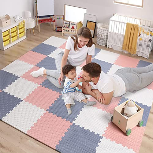 Antrect Baby Play Mat 18 Pieces 30x30x1,2cm Thick Soft Foam Mats Waterproof Interlocking Tiles Multi Colour Floor Non-slip Non-toxic Puzzle Pink/Blue/White