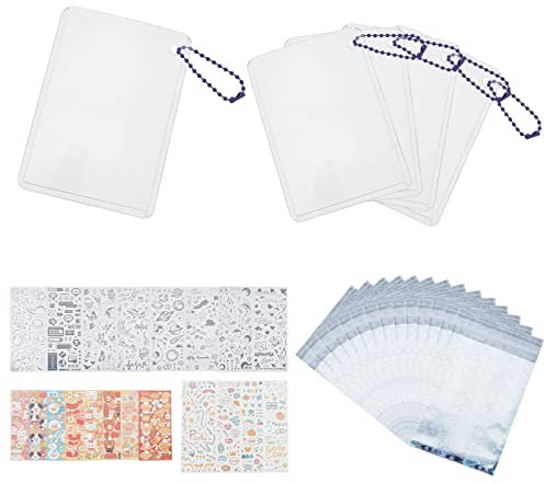 WEBEEDY 10 Stück Fotokartenhalter Schlüsselanhänger mit koreanischen Deko Aufklebern, 50 holographische Kartenhüllen für Sammelkarten Fotokarten, 20 Bunte Koreanische Aufkleber