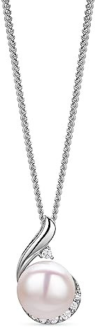 Orovi Schmuck Damen Perlenkette mit einer runden weißen Süßwasser Zuchtperle umgeben von weißen Zirkonia in Brillantschliff Zeitlose klassische Perlen Silberkette aus 925 Sterling Silber, 46 cm lang