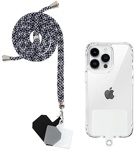 Yoedge Cordon Telephone Portable, Tour de Cou Telephone Universelle avec 2 Patchs, Réglable Collier Lanière Téléphone en Bandoulière en Nylon Adaptée à la Plupart des Smartphones,02-Blanc Noir