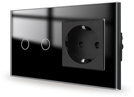 JIMEIDA Touch Lichtschalter mit Steckdose Schwarz Unterputz 2 Fach 1 Weg,Glas Panel und Status-LED Wandschalter,Kein Neutralleiter Erforderlich,157 * 86mm