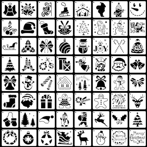 64pcs Pochoirs de Noël pour Peinture, 7,6cm Réutilisables Modèle de Peinture de Noël Pochoirs d'Ornement de Noël pour Dessin Bricolage Noël Maison Décoration