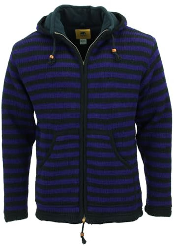 LOUDelephant Giacca in lana lavorata a mano con cappuccio, unisex, foderata in pile, con cerniera, con cappuccio rimovibile, 100% pura, per l'inverno, caldo, caldo, attività all'aperto, escursionismo,