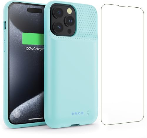QTshine Battery Case for iPhone 15Pro Max, Upgrade 8600mah Portable Slim Battery Charging Case, 15W Fast Charging Rechargeable Protective Extended Charger Cover for iPhone 15 Pro Max (6.7 inch)-Green