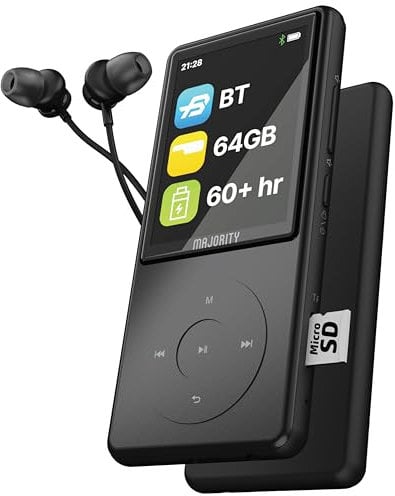Superschlank Bluetooth MP3 Player mit Kopfhörer | 64 GB interner Speicher, erweiterbar um 128 GB | MP3-Player mit Lautsprecher für Kinder | 2.4 Farbdisplay & 67h Akkulaufzeit | Majority MP3 Pro