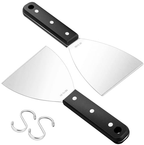 Griddle Scraper Set of 2, Leonyo 18/10 Stainless Steel Flat Top Grill Scraper for Cooking, Mirror Polished Metal Food Dough Tool for Outdoor Teppanyaki BBQ, Dough Pancake