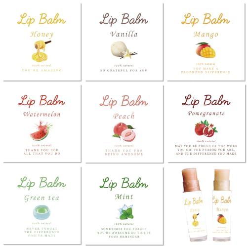 CRASPIRE 80Pcs 8 Styles Lip Balm Stickers Labels Coated Paper Paster Honey Fruit Square lipsticks Tubes Homemade Natural Self-adhesive Decal Logo for Containers Cosmetics Lipsticks