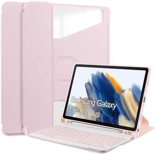 Keyboard Case for Samsung Galaxy Tab A9 Plus 11 Inch 2023-7 Color Backlit, 360° Rotating Cover with Detachable Wireless Bluetooth Keyboard,Pink