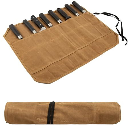 JDGFH Borsa per coltelli, coltello da cucina con 8 scomparti per coltelli e cucchiai, in tela di cera, regalo per cuochi professionisti o appassionati culinari, cachi, Conservazione di coltelli