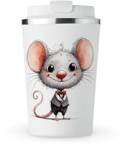 MAXIKIWI Isolierter doppelwandiger, auslaufsicherer Edelstahlbecher, Kaffee- oder Tee-Reisebecher mit Deckel, hält Getränke heiß und kalt, Wasserfarben, lustiges Maus-Motiv, 2–350 ml