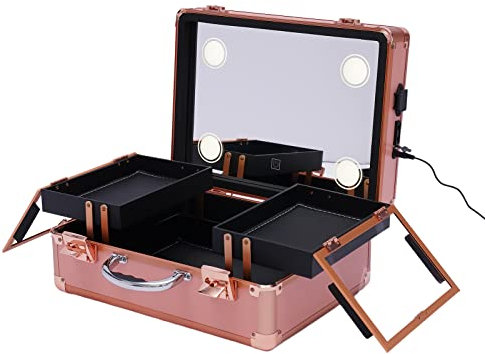 Schminkkoffer Verstellbare Schminktisch Make-up Koffer Kosmetik-Zug Tisch Lichter Pro-Schminkstation,Schminkkoffer mit individuellen Unterteilungen (Rose Gold)