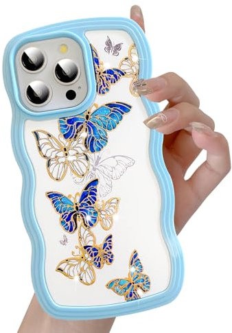 UEEBAI for iPhone 12 Pro Max Case, Floral Wave Frame Cute Curly Anti-slip Flower Case with Aesthetic Pattern, TPU Slim Bumper Shockproof Protective Cover for Women Girls - Blue Butterfly