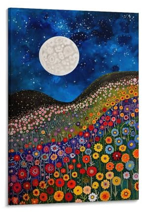 Gustav Klimt Wandbild, Mond, Nachthimmel, Blumen, Blumenposter, dekoratives Gemälde, Leinwand, Wandkunst, Wohnzimmer-Dekor-Poster, 60 x 90 cm