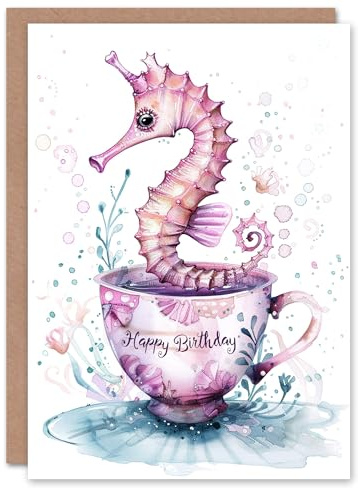 Artery8 Cute Pink Seahorse in Teacup Soft Watercolour For Child Kids Birthday Card