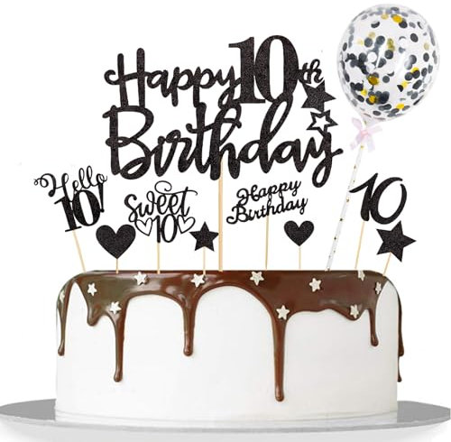 Catelves Tortendeko 10 Geburtstag Junge Mädchen,10 Stk Glitzer Kuchendeko Geburtstag 10 Jahre Mädchen,Happy 10th Birthday Cake Topper Schwarz,Sweet 10 Torten Deko Geburtstagsdeko 10 Jahre Junge