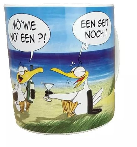 Großer Kaffeebecher - Mö'wie no' een - Becher Tasse Maritim Porzellan 500ml Möwe auf Poller Meer Moin Jumbotasse