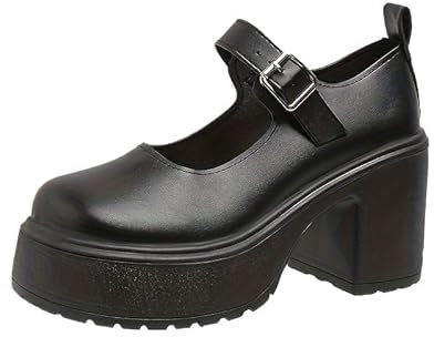 Frauen klobige Plattform Mary Jane Schuhe Retro Schnallenriemen runde Zehen Wohnungen Flacher Mund japanische süße Lolita Prinzessin Schuhe (39,Mattschwarz)